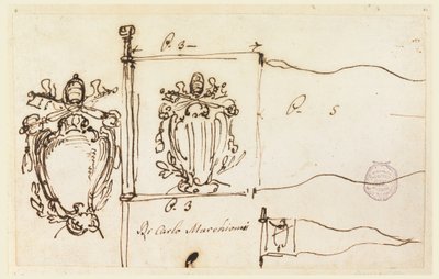 Disegno, Tre schizzi per uno stendardo di Papa Benedetto XIV, 1740-58 da Carlo Marchionni
