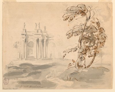 Disegno, Albero in paesaggio con edificio, 1756-78 da Carlo Marchionni