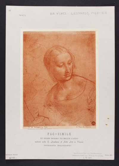 Studie eines weiblichen Büstenbildes, Zeichnung von Leonardo da Vinci (1452-1519) aus der Sammlung der R. Accademia di Belle Arti in Venedig; Tafel aus der Mappe: "Fac-simile dei disegni originali dei maestri classici esistenti nella R. Academia di Belle A da Carlo Naya