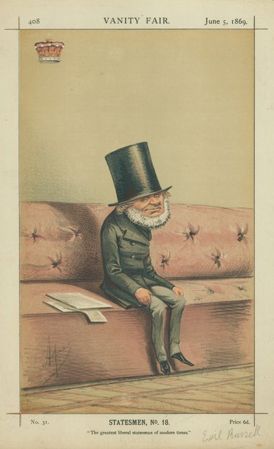 Conte di Russell, il più grande statista liberale dei tempi moderni, 5 giugno 1869, caricatura di Vanity Fair da Carlo Pellegrini