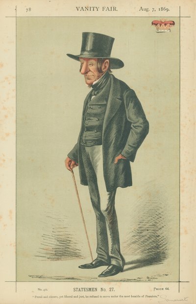 Il duca di Somerset, orgoglioso e sincero ma liberale e giusto, rifiutò di servire sotto questo umilissimo dei premier, 7 agosto 1869, caricatura di Vanity Fair da Carlo Pellegrini