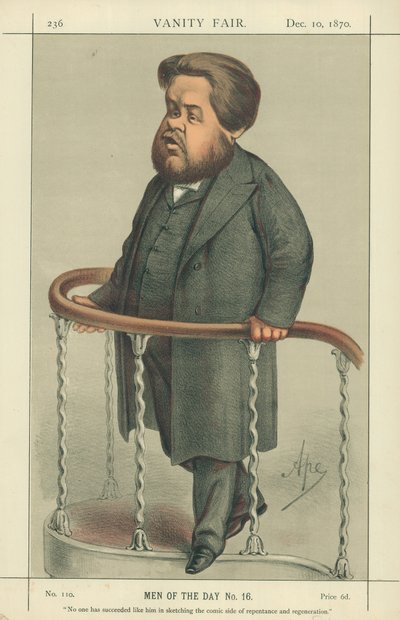 Il reverendo Charles Spurgeon, nessuno è riuscito come lui a disegnare il lato comico del pentimento e della rigenerazione, 17 luglio 1880, caricatura di Vanity Fair da Carlo Pellegrini