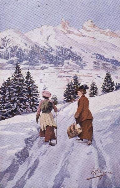 Due donne che camminano nella neve vicino a Tour d