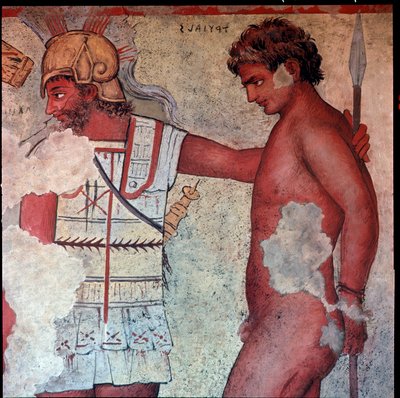 Civiltà etrusca: rappresentazione del sacrificio dei prigionieri troiani in omaggio a Patroclo (riproduzione di Carlo Ruspi degli affreschi del IV secolo a.C. della Tomba François di Vulci) da Carlo Ruspi