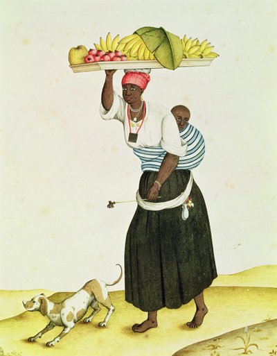 Una donna che porta un vassoio di frutta sulla testa da Carlos Juliao