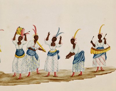 Regina e il suo seguito, dettaglio che raffigura ballerini e musicisti da Carlos Juliao