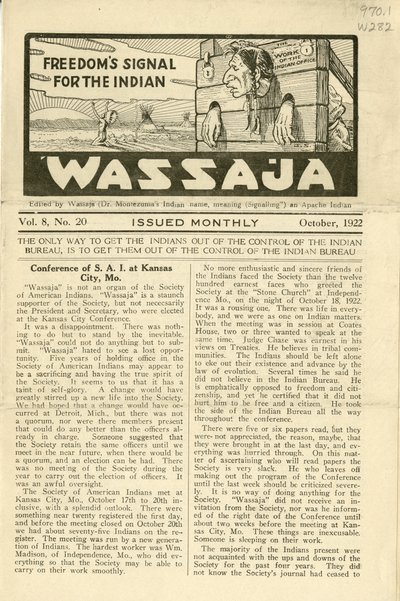 Numero di Wassaja, Vol. 8, No. 20, ottobre 1922 da Carlos Montezuma