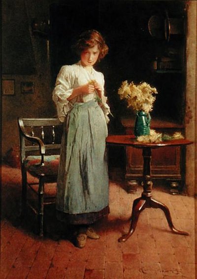 Ragazza in un cottage vicino a un tavolo e una sedia da Carlton Alfred Smith