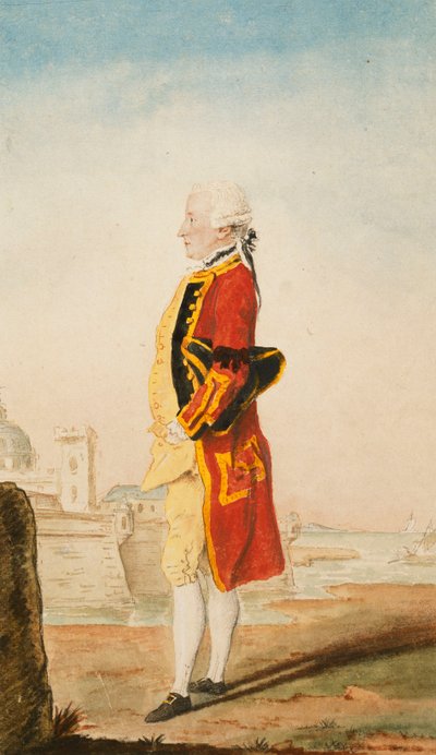 Il colonnello Morrison forse in uniforme dei Royal Engineers, una città fortificata dietro, 1768 da Carmontelle