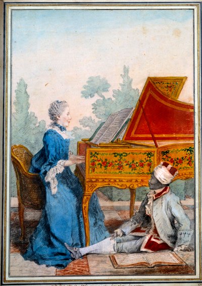 Ritratto di Mademoiselle Desgots di Saint Domingue al clavicembalo e il suo schiavo Laurent da Carmontelle