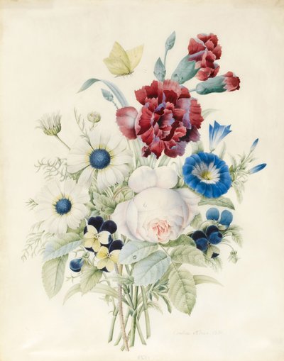 Un mazzo di fiori tra cui una rosa, una convolvolo blu e viole del pensiero da Caroline Adrien