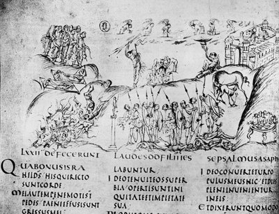Illustrazione di varie scene da uno dei Salmi, dal Salterio di Utrecht, copia dell