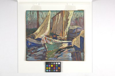 Pescherecci in porto (gouache su carta marrone) da Carolyn Bradley