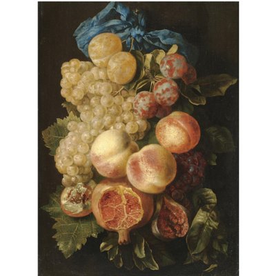 Una natura morta con prugne, uva, pesche e un melograno legato con un nastro blu da Carstian Luyckx