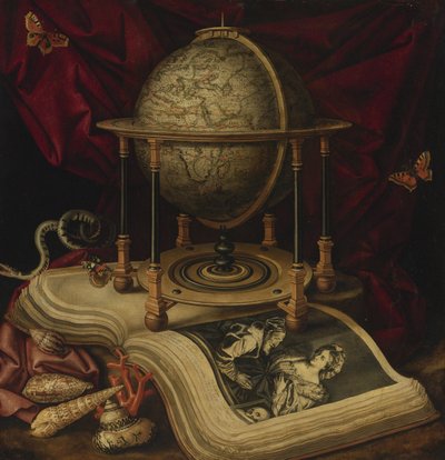 Vanitas Natura morta con globo terrestre, libro, conchiglie, serpente e farfalle da Carstian Luyckx