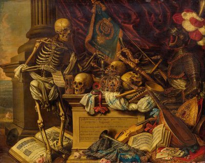 Vanitas Natura morta con strumenti musicali, libri, spartiti, scheletro, teschio e armatura, XVII secolo da Carstian Luyckx