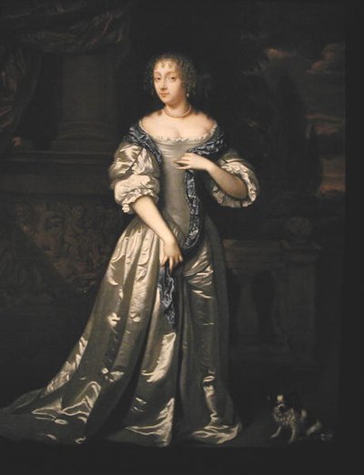 Ritratto di Lady Philippa Stanton e il suo cane su una terrazza vicino a un fregio scolpito da Caspar (studio of) Netscher