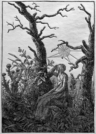 La donna con la ragnatela tra gli alberi spogli da Caspar David Friedrich