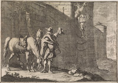 Il generale Hans Georg von Arnim-Boitzenburg fugge dalla prigione tramite una scala di corda, 1638 da Caspar Luyken (attributed to)