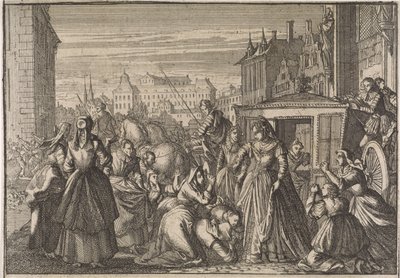 Donne inginocchiate a Parigi davanti alla regina Anna chiedono di ridurre le tasse, 1645 da Caspar Luyken (attributed to)