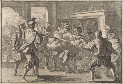 Miguel de Vasconcelos scoperto in un armadio e ucciso da portoghesi infuriati, 1640 da Caspar Luyken