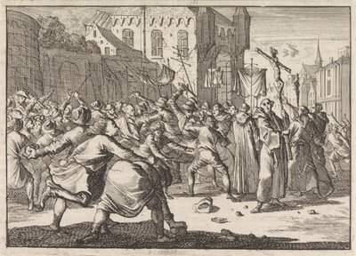 Una processione a Danzica viene salutata con lancio di pietre dal popolo, 1678 da Caspar Luyken