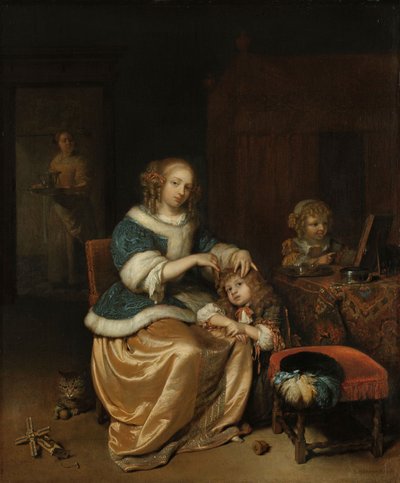 Interno con una madre che pettina i capelli del suo bambino, noto come 