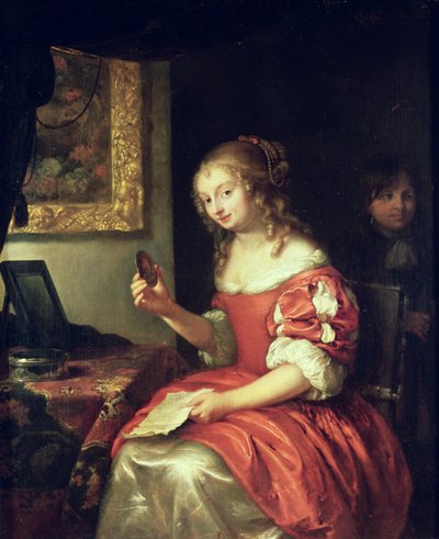 Giovane donna con lettera e medaglione da Caspar Netscher