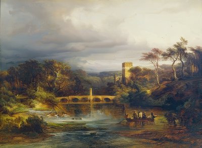 Castello sul lago forestale con barcaioli e ponte ad arco da Caspar Scheuren