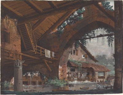 Fantasia architettonica di rovine antiche con mulino ad acqua da Caspar Wolf