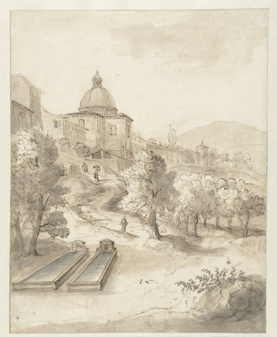 Paesaggio italiano con città su una collina da Caspar van Wittel