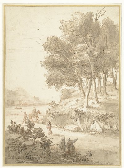 Paesaggio italianizzante con figure lungo una strada e un fiume sullo sfondo da Caspar van Wittel