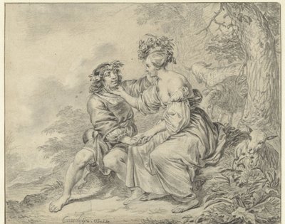 Pastore e pastorella seduti in un paesaggio da Casper Casteleyn