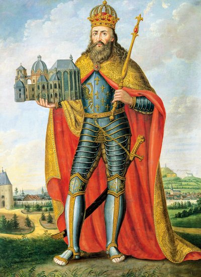 Ritratto di Carlo Magno (742 - Aquisgrana, 814), Re dei Franchi e dei Longobardi e Imperatore del Sacro Romano Impero, in piedi con modello della Cappella Palatina, Dipinto di Scheuren da Casper Johann Nepomuk Scheuren