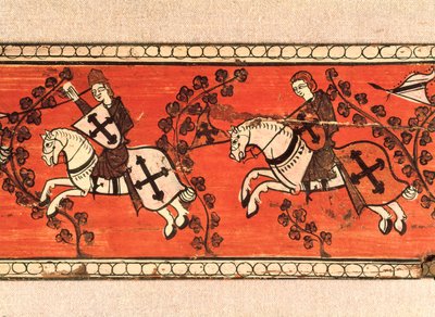 Cavalieri con bandiere. Tempera su legno dalla decorazione di un tetto. XIII secolo da Catalan School