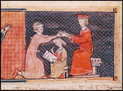 Il Procuratore Reale, lo Scriba e il Signore Feudale, da Capbreu de Clayra et de Millas 1292 da Catalan School