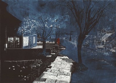 Suono di musica in periferia, 2012 (linoleografia e incisione) da Catherine Sutcliffe Fuller