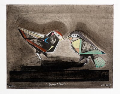 Bright Birds, 2014 (litografia mokulito con colorazione a mano) da Cathie Pilkington