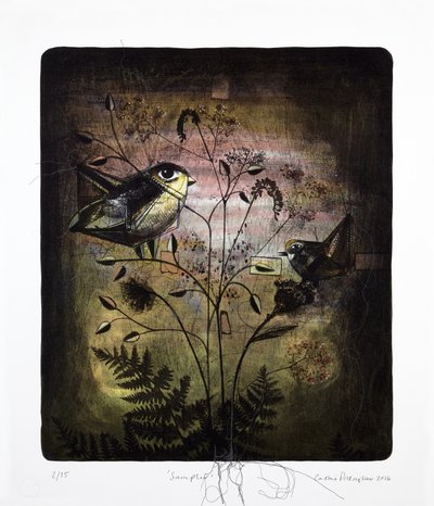 Sampler, 2016 (litografia mokulito con colorazione a mano) da Cathie Pilkington