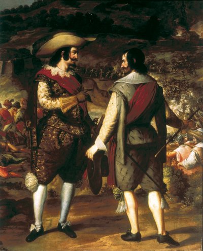La cattura di San Juan a Porto Rico (1625). Dettaglio. In primo piano, Don Juan de Haro parla con il suo assistente. Dietro di lui la fortezza sorvegliata dagli spagnoli che costringono gli olandesi a partire. Dipinto di Eugenio Caxes o Cajes (1577-1634) da Caxesi or Caxete Eugenio Caxes