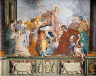 Lorenzo accoglie le Muse e le Virtù accompagnate da Apollo a Firenze, di Francesco Montelatici noto come Cecco Bravo, affresco da Cecco  Bravo