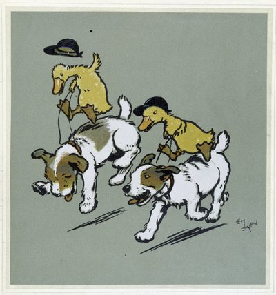 Anatra che fa “equitazione” sui cani - in “Merry Party”, ill. di Cecil Aldin, ed. Hodder & Stoughton, Londra da Cecil Charles Windsor Aldin