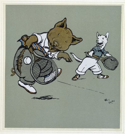 Maiale e volpe che giocano a tennis - in "Merry Party", ill. di Cecil Aldin, ed. Hodder & Stoughton, Londra da Cecil Charles Windsor Aldin