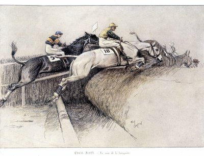 Il Grand National Steeple chase a Liverpool: il salto dalla panca - disegno di Cecil Aldin da Cecil Charles Windsor Aldin