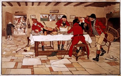 Lo spuntino dei tre piccioni. I cacciatori cucinano e mangiano velocemente prima di partire per la caccia. Incisione di Cecil Aldin da Cecil Charles Windsor Aldin