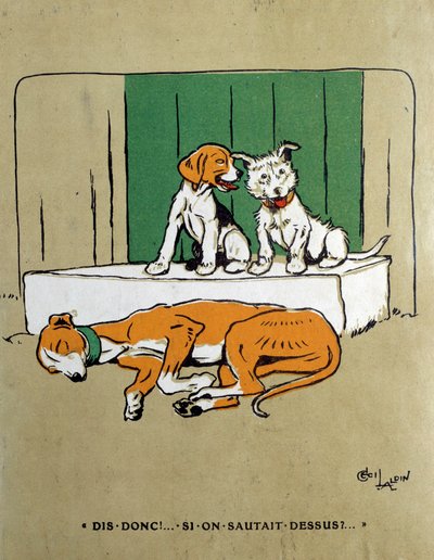 Perché non saltiamo su due cani esitano a svegliare un lievito addormentato? (acquerello di Cecil Aldin) da Cecil Charles Windsor Aldin