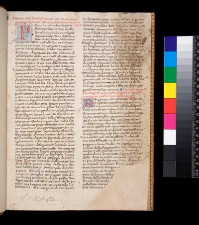 Ms 148. Gregorio Magno, Dialoghi in traduzione italiana di Domenico Cavalca, f.1r Lettere decorate [P] e [D] in rosso con decorazione a penna in blu da Central Italian School