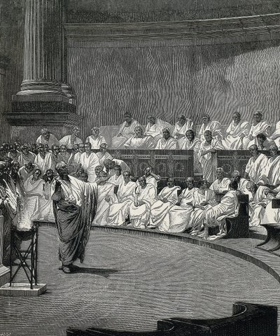 Cicerone denuncia il cospiratore Catilina (incisione) da Cesare (after) Maccari