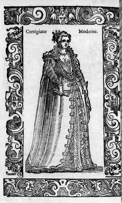 Rinascimento: una cortigiana romana nel XVI secolo. Incisione da "Costumi Moderni e Antichi" di Cesare Vecellio da Cesare (attr. to) Vecellio
