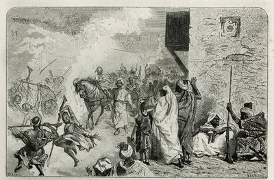 Un giovane ragazzo trionfa al ritorno della cerimonia di circoncisione, in mezzo alla folla che spara colpi in aria, mentre urla e si diverte, incisione di C.Biseo per illustrare la storia Le Maroc di Edmondo de Amicis, nel 1877 da Cesare Biseo